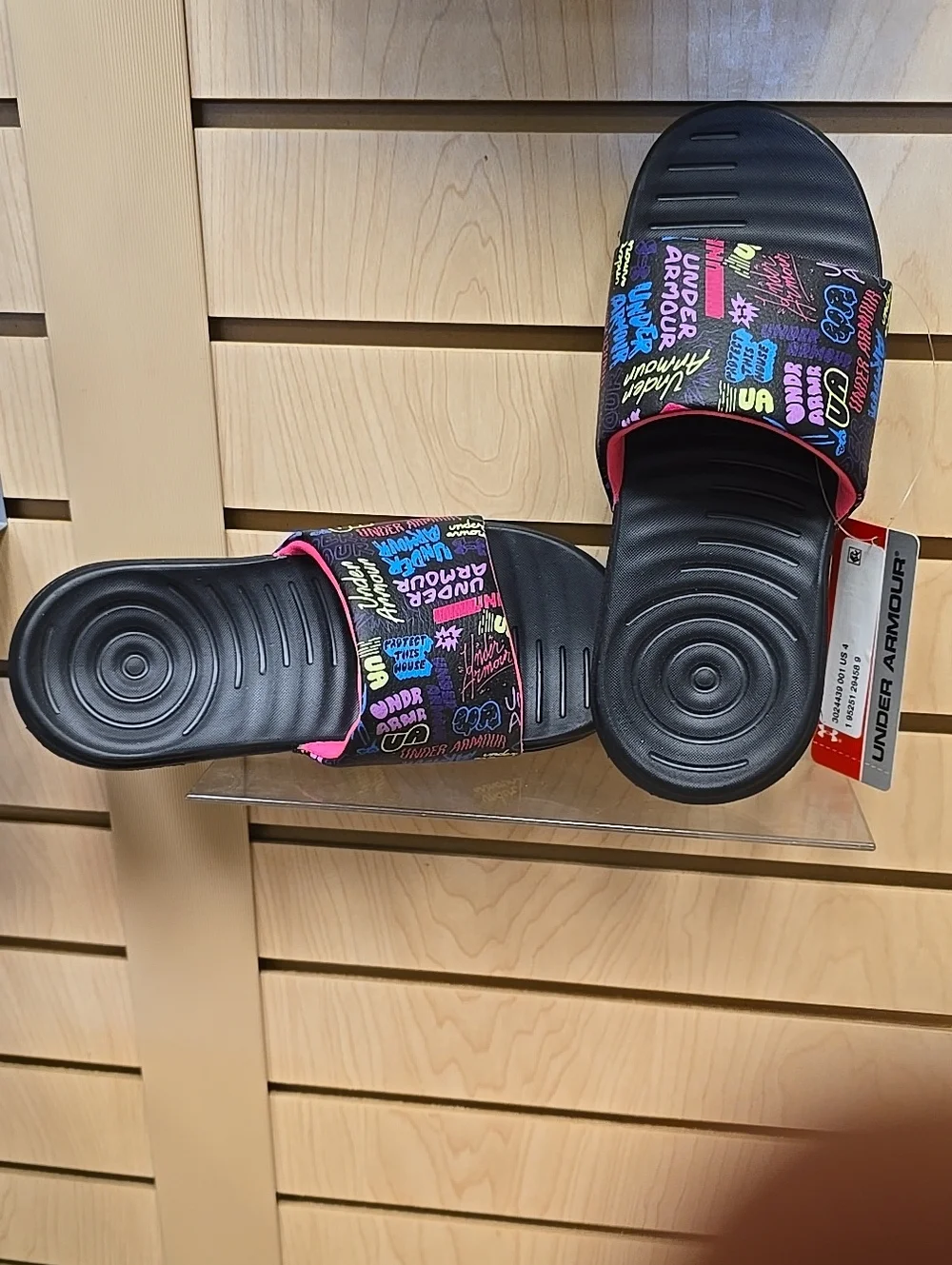 Under Armour Kids' Black Slide Sandals with Neon Graphic Strap